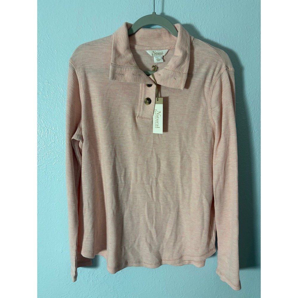 Natural Reflections Womens Pink Waffle Knit Thermal Henley Top L NWT Cozy Fall